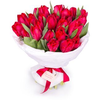 Яркий стильный букет 25 красных тюльпанов