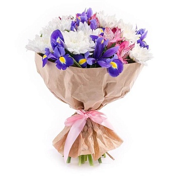 Букет с ирисами, альстромериями и хризантемами "Чистое небо" Фото Букет с ирисами, альстромериями и хризантемами "Чистое небо"