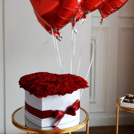 Фото Набор из коробочки в форме сердца с красными розами и шаров-сердец