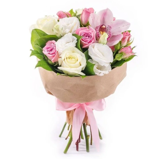 Фото Букет из белых роз и эустомы "Сладкие мечты"