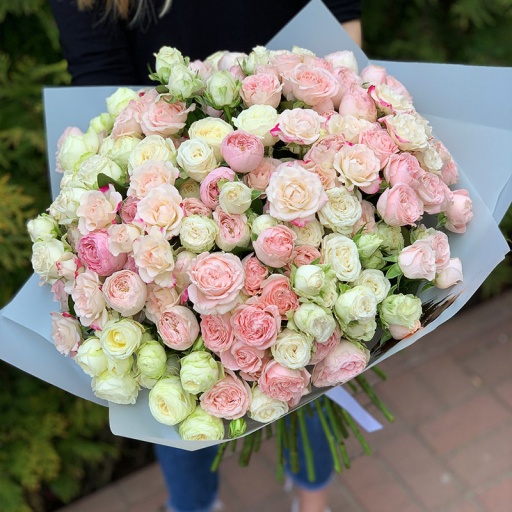 Букет из 41 белой и розовой пионовидной кустовой розы