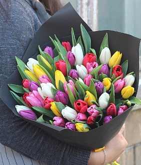 Букет из 55 разноцветных тюльпанов