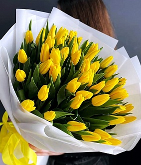Букет из 61 тюльпана желтого цвета в стильной упаковке