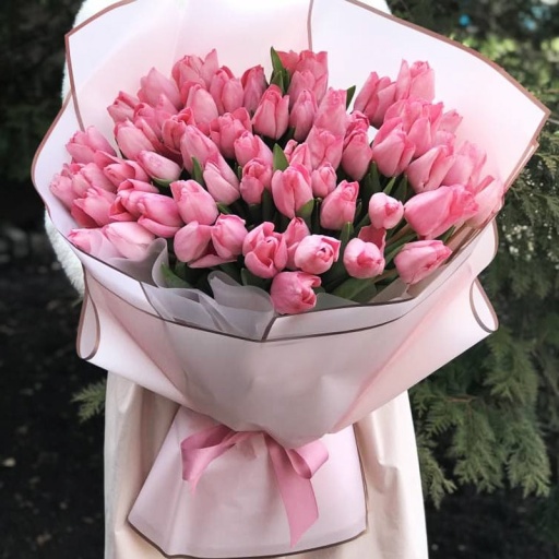 Букет из 61 нежно-розового тюльпана